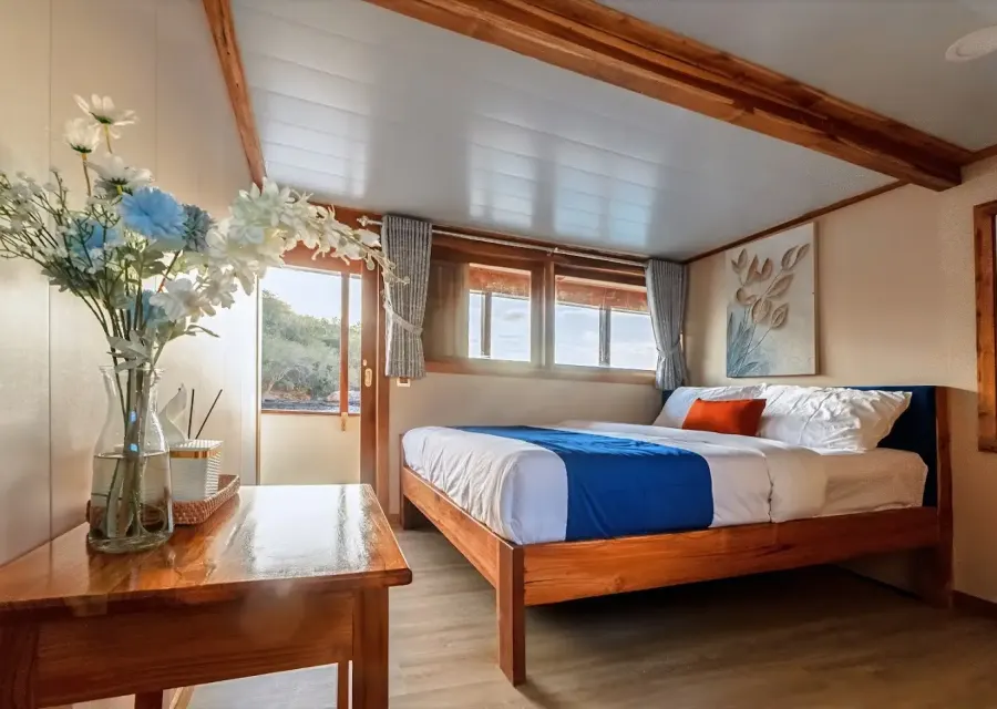 Deluxe Cabin on Ayvara Cruise with queen bed and writing desk