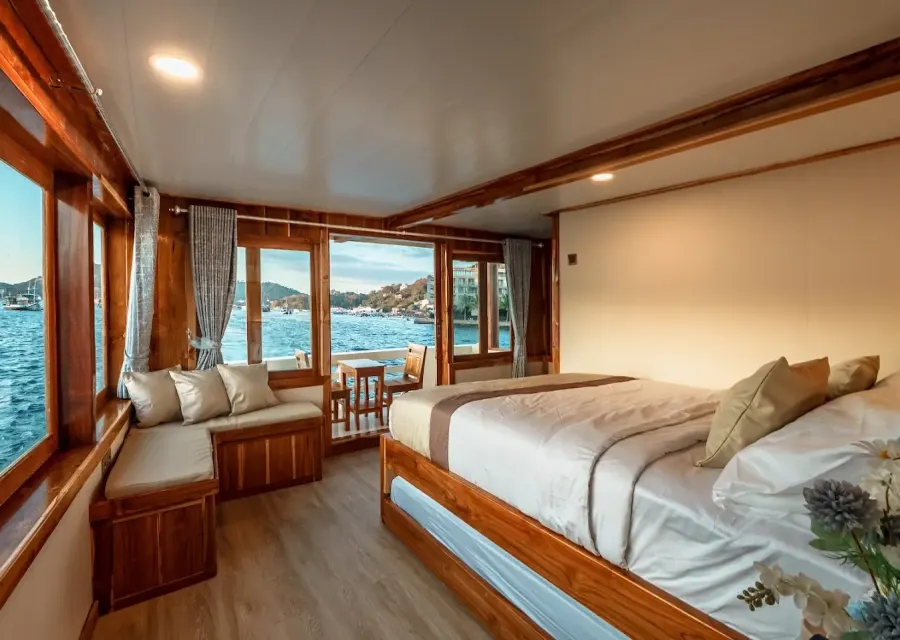 Master Cabin on Ayvara Cruise looking out to the private balcony