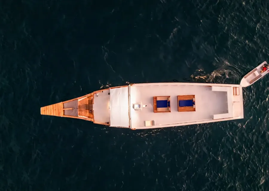 Ayvara Cruise seen from directly above, showing the rooftop deck