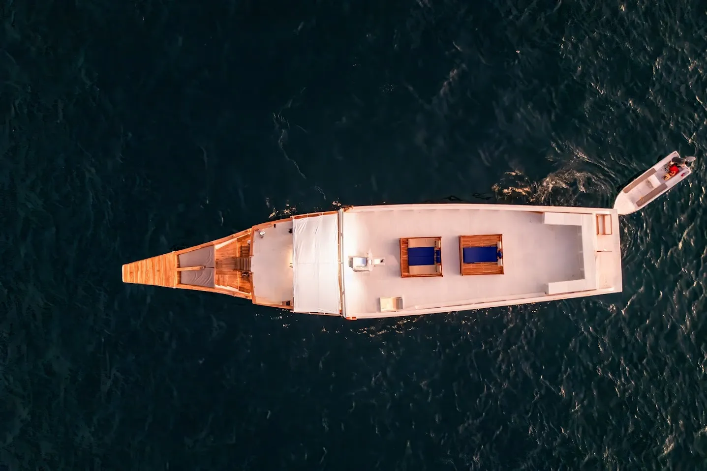 Ayvara Cruise seen from directly above, showing the rooftop deck