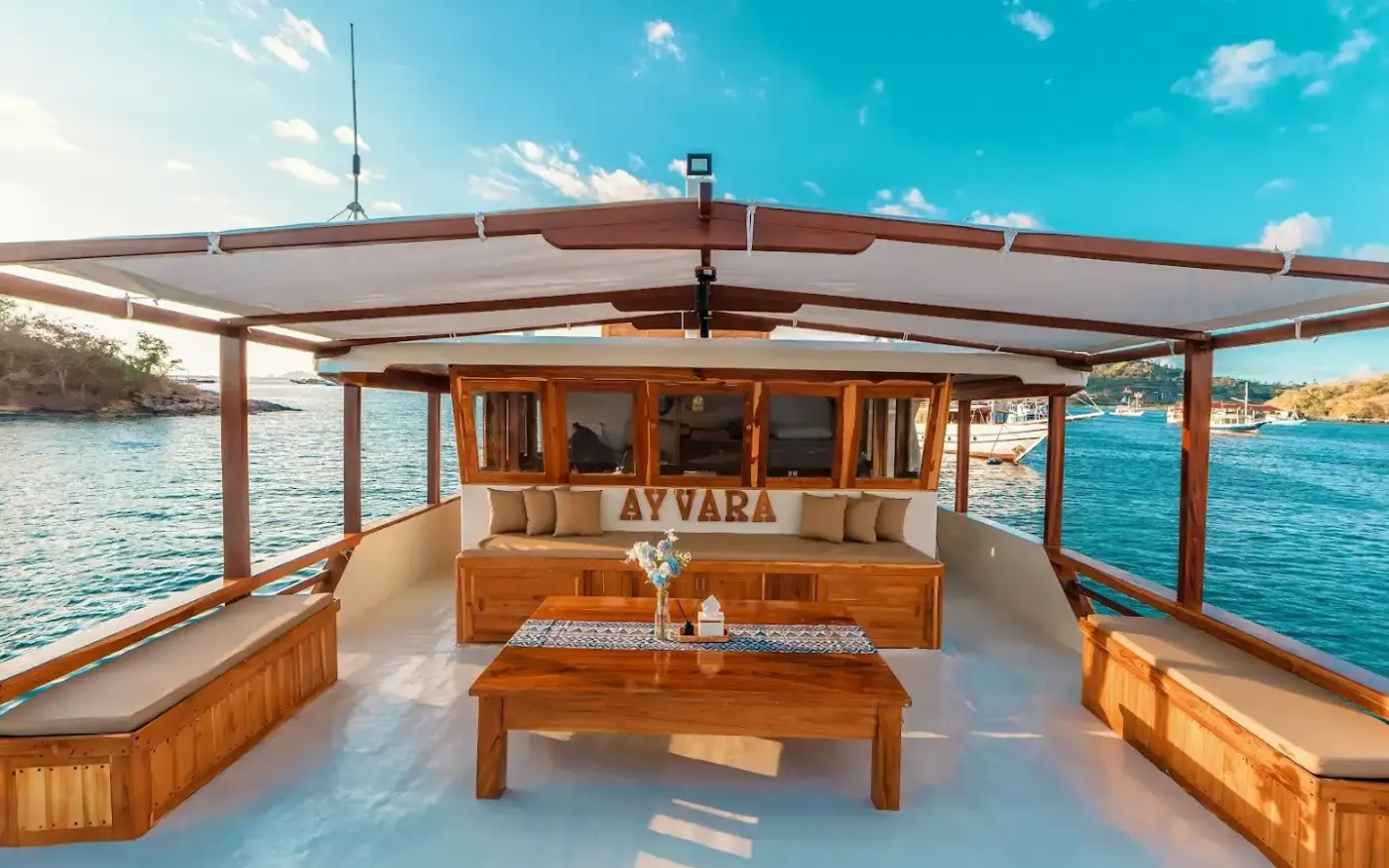 The shaded sundeck lounge on Ayvara Cruise