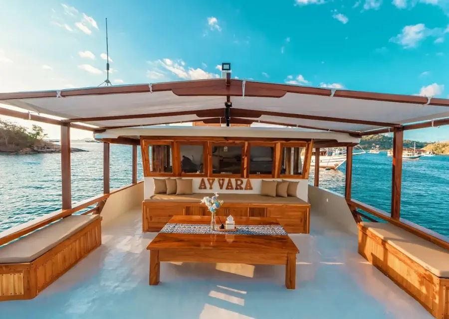 The shaded sundeck lounge on Ayvara Cruise