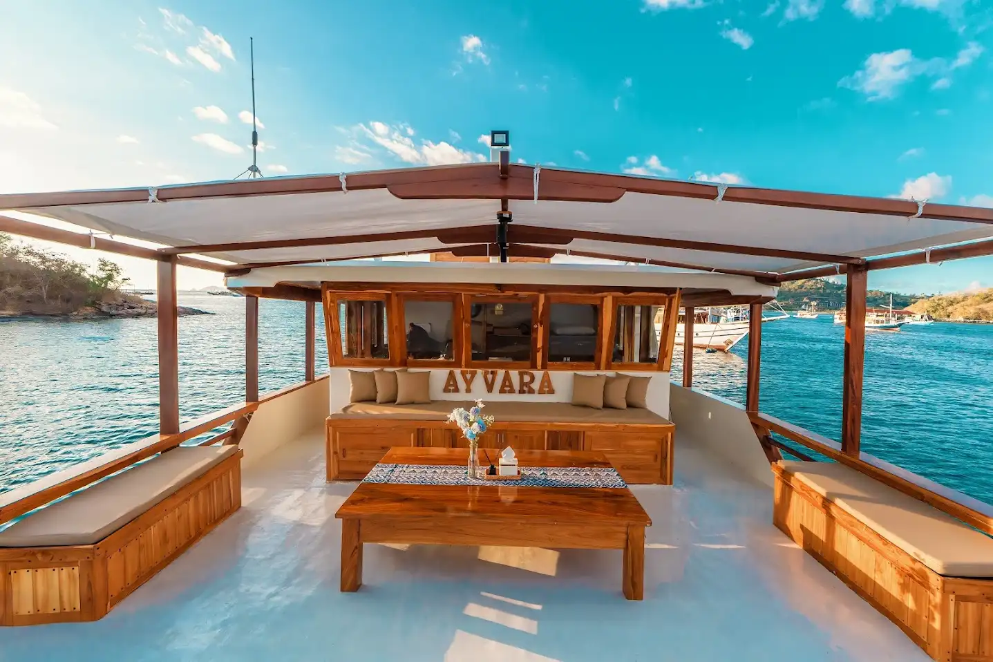 The shaded sundeck lounge on Ayvara Cruise