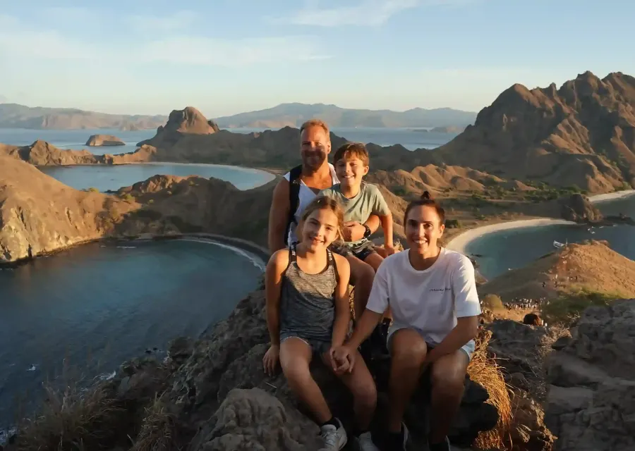 A family at the Padar Island viewpoint in Komodo National Park