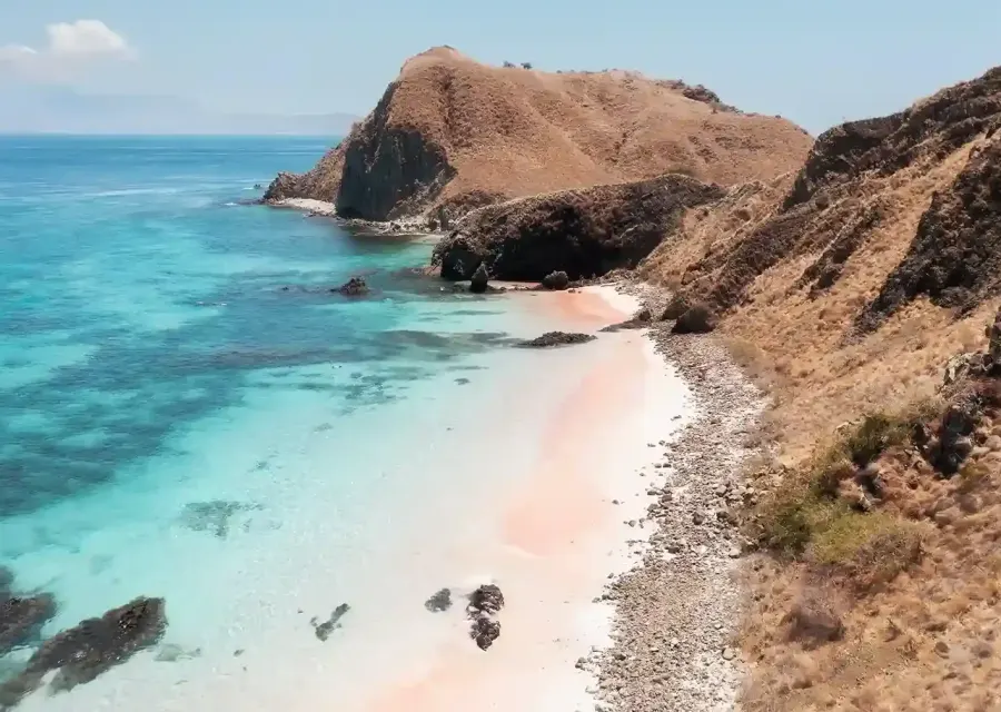 Pink Beach in Komodo National Park, pink sand meeting turquoise water