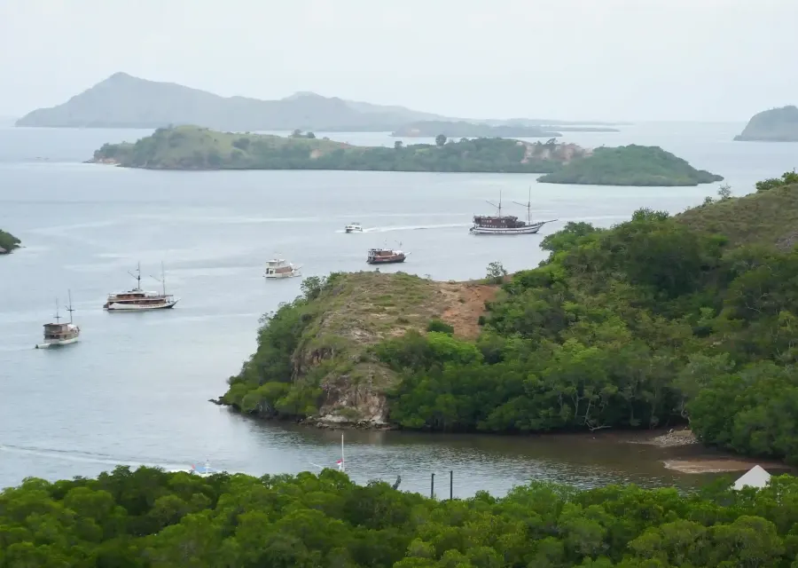 Boats anchored in a bay off Rinca Island